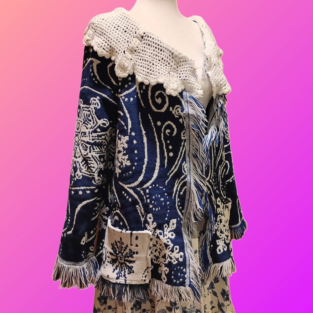 HANDMADE UPCYCLED BOHO SHABBY CHIC CARDIGAN DUSTER VINTAGE LACE FRINGE POCKETS